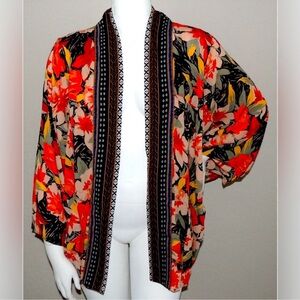 Umgee Red Floral Boho Open Front Kimono Size 1XL